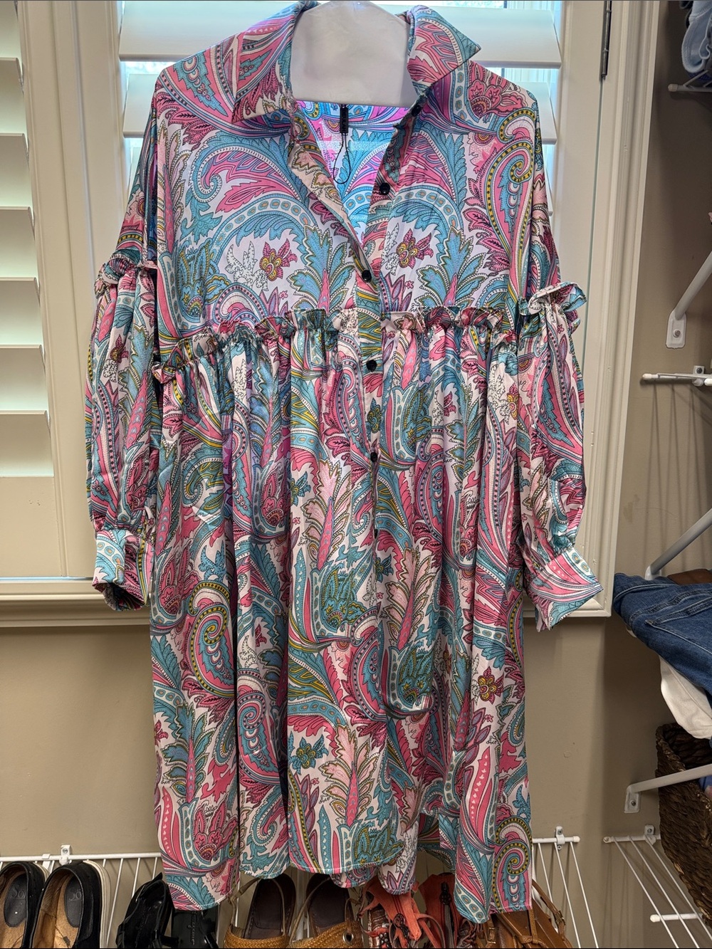 Beulah Pink & Teal Paisley Long Sleeve Smocked Dress